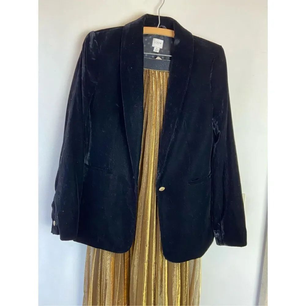 J. Crew Classic Black Velvet Women's Blazer with Deep V & Single Gold Button - S